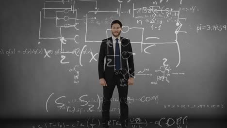 man in suit standing proudly over mathematical equations.