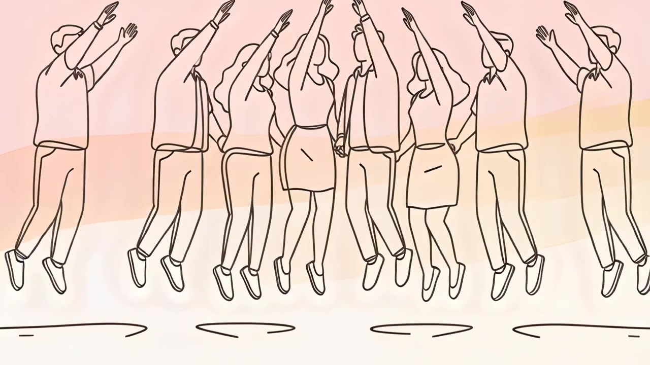 Início da música, conjunto adulto pisando, pulando, dando as mãos, reunindo-se na linha de base, treinando