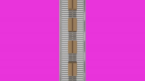 animation of high angle view of cardboard boxes moving on conveyor belt over pink background