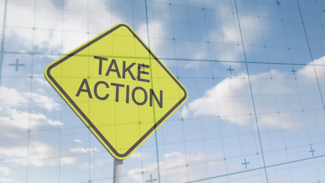 Take Action sign animation over grid and cloudy sky background