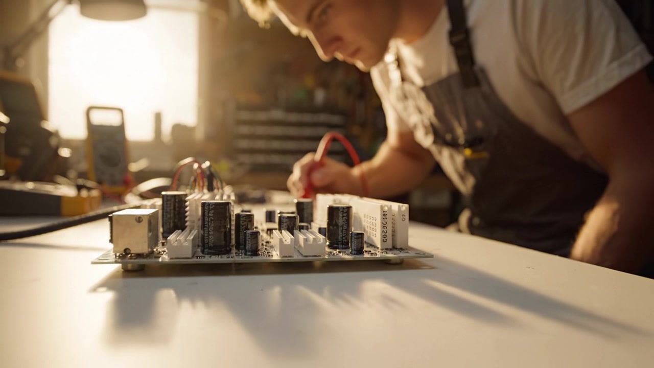 An electronics hobbyist meticulously works on a detailed circuit board in a sunlit workspace, showcasing creativity and technical skill in DIY projects.