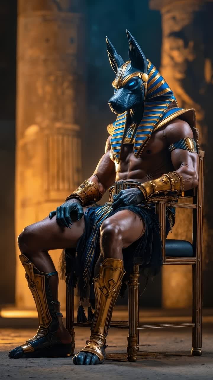 Anubis sitting on a chair in front of a building