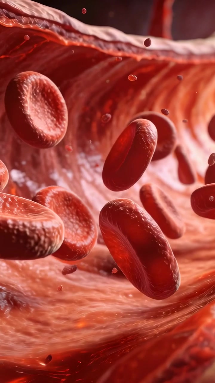 Vídeo vertical: Fluxo sanguíneo pulsante empurrando glóbulos vermelhos movendo-se, girando por uma parede com gotículas.