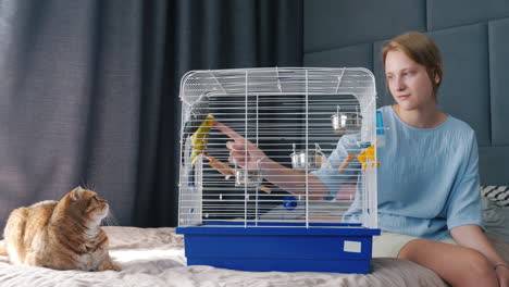 woman interacting with parakeets in a cage and a cat