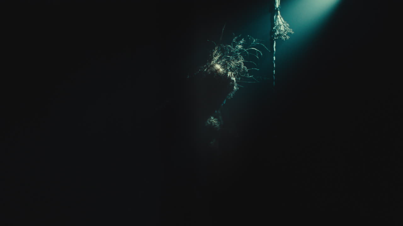 A creepy witch stands in the moody pose during the night storm