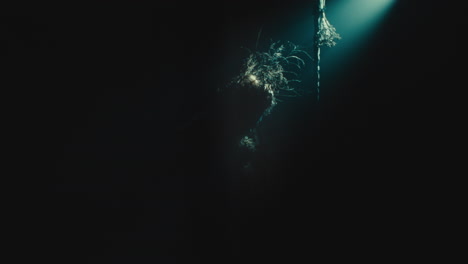 a creepy witch stands in the moody pose during the night storm