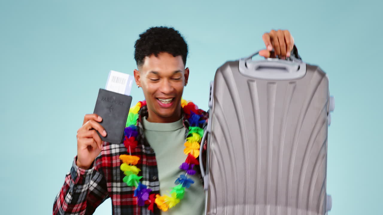 baile, pasaporte y boleto con maleta