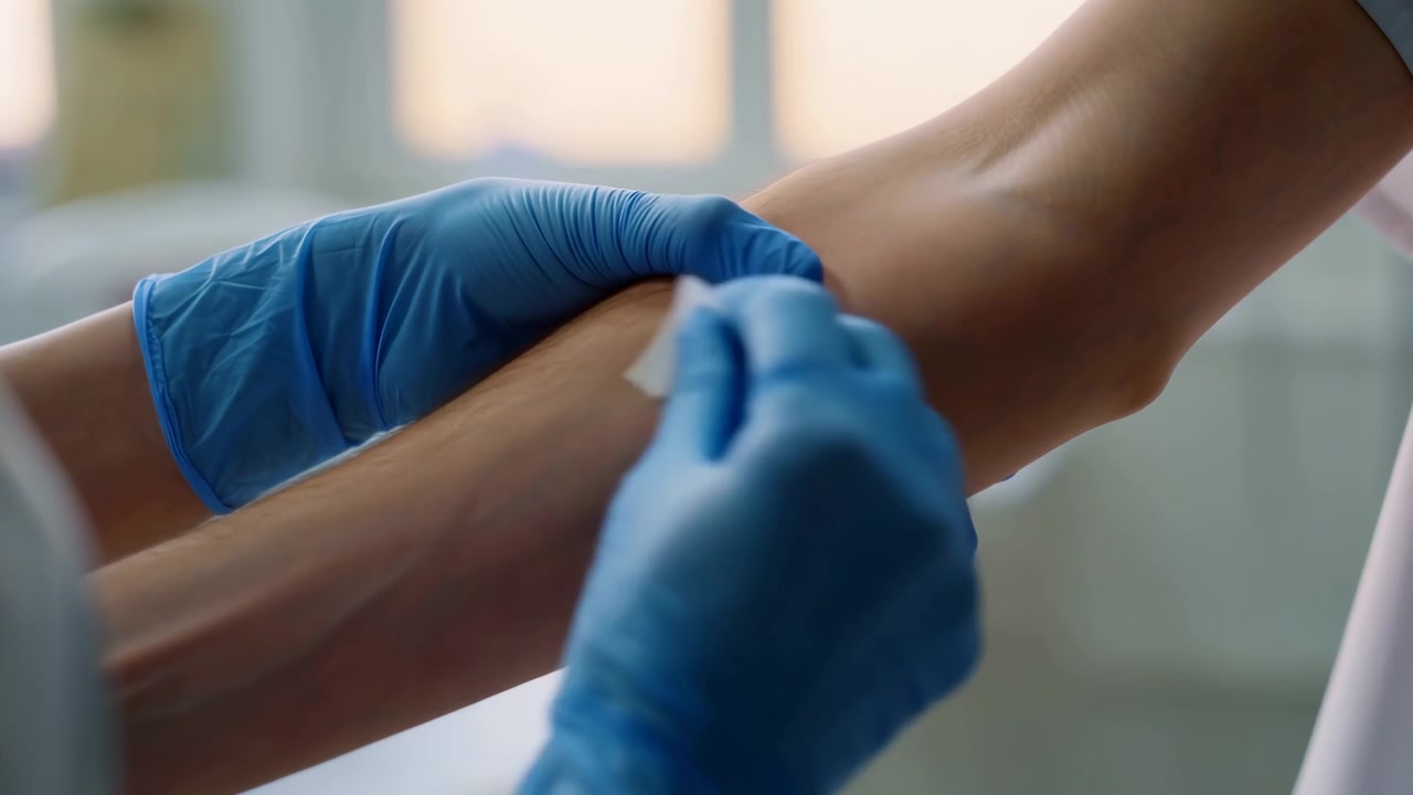 Guanti monouso blu tengono una garza contro l'avambraccio interno, accanto alla piega del gomito, durante un'attenta preparazione clinica, con un delicato contatto delle dita, luce soffusa e un ambiente medico pulito.