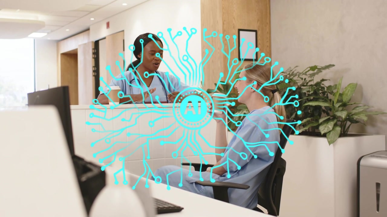 Standing clinician placing cup speaking seated nurse nodding cyan AI overlay tracking patient care