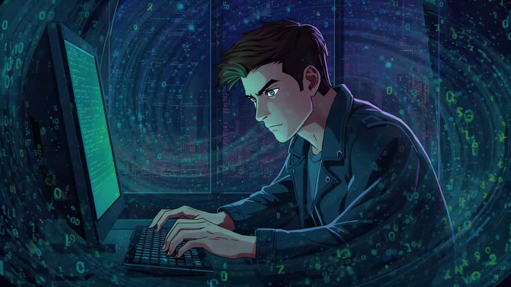 Noticing green monitor glow, coder typing hacking code in home office, with swirling code vortex