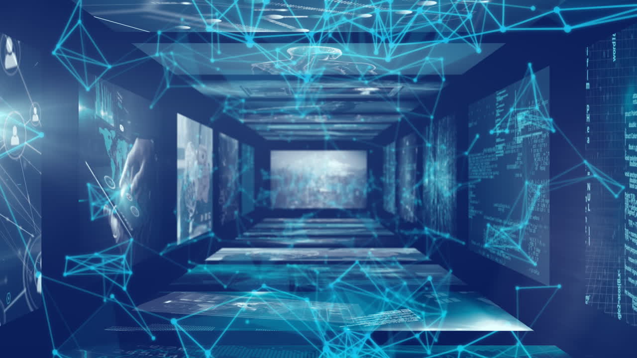 Animation of network of connections over data processing on black background