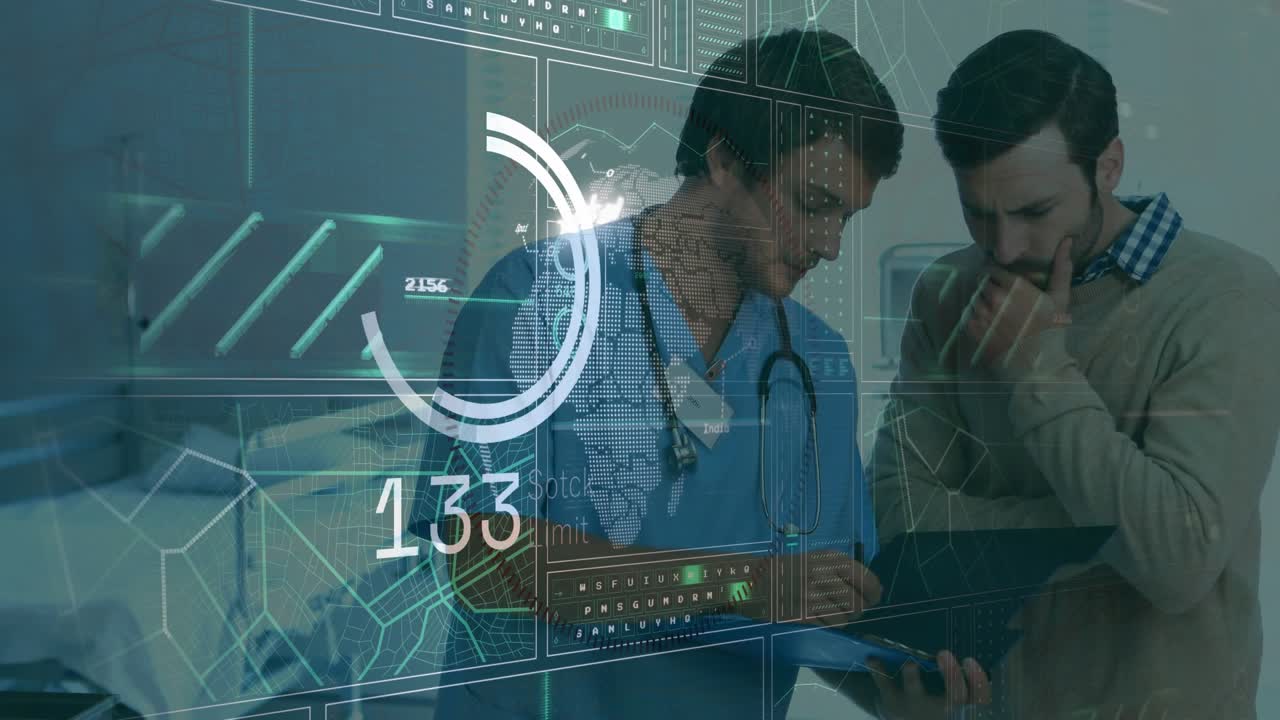 Doctor pointing to laptop while patient leaning in, overlay gauge rising or falling tracking vitals