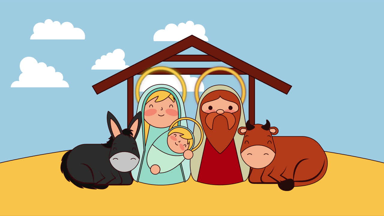 bonita familia santa en el establo con animales personajes de pesebre