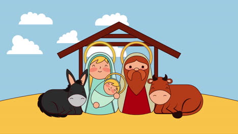 cute holy family in stable with animals manger characters
