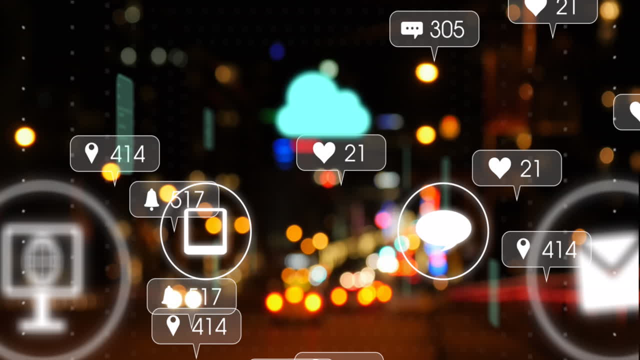 클라우드, 아이콘 및 도시 상의 데이터 처리의 애니메이션