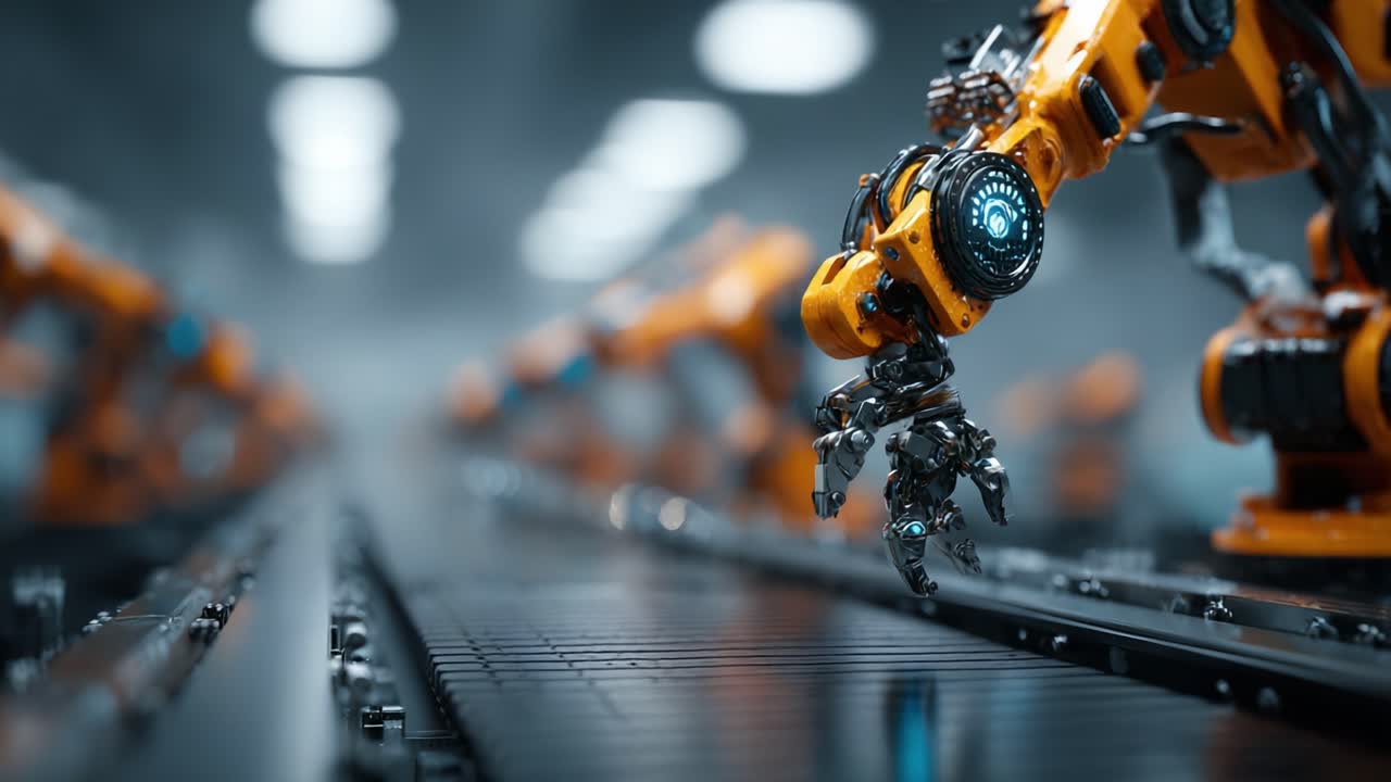 A Futuristic Factory Scene Showcasing Advanced Robotic Arms Efficiently Assembling and Collaborating on a Production Line in a High-Tech Environment