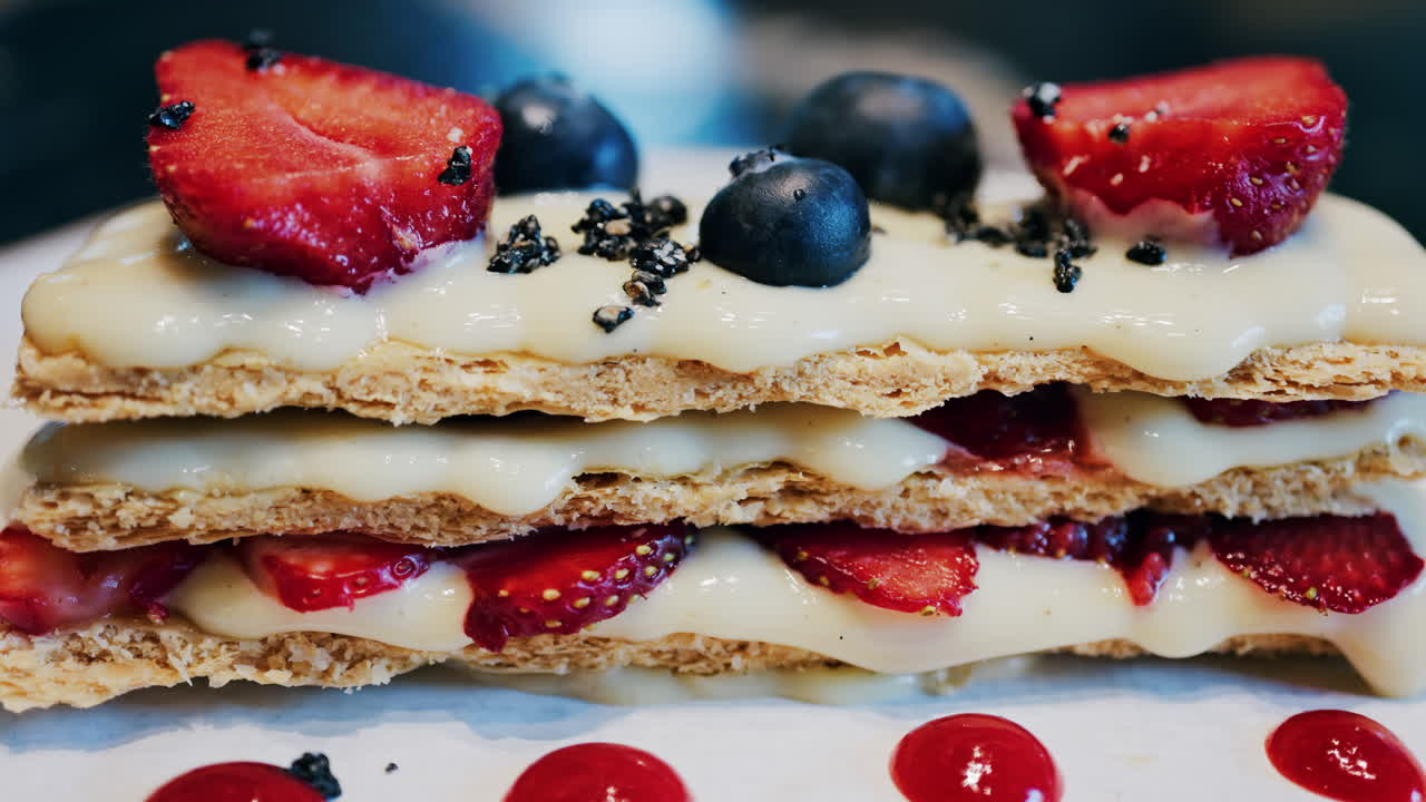 Close up of a Napoleon cake with strawberries and blueberries on a white plate at a cafe