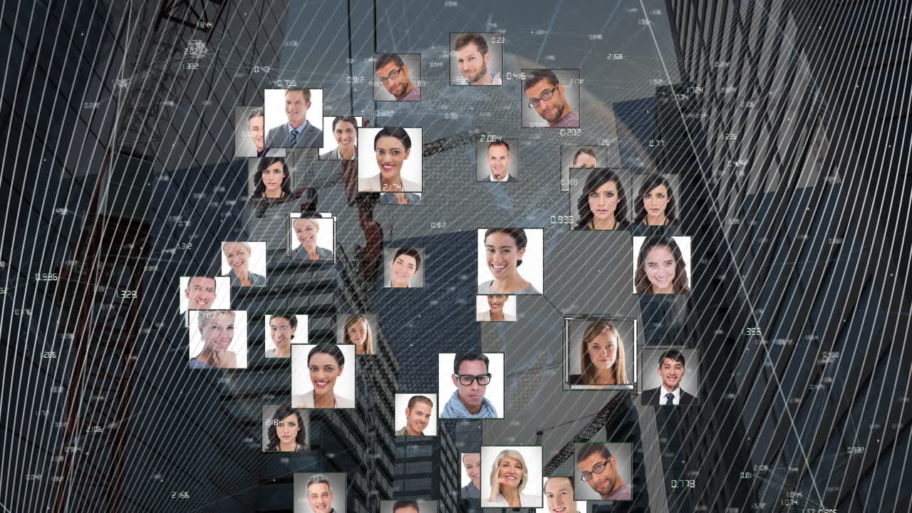 다양한 사람들의 아이콘과 도시 풍경에 대한 연결 네트워크의 애니메이션