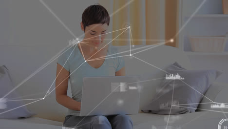 animation of network of connections over female student using laptop  from home