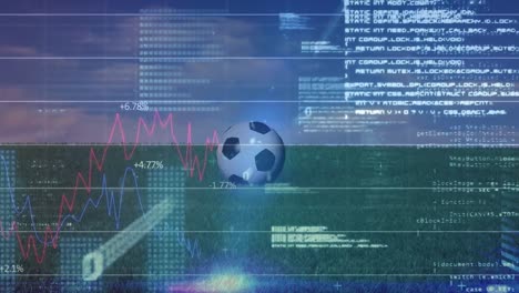 Animation-of-financial-data-processing-with-green-line-over-football-in-field