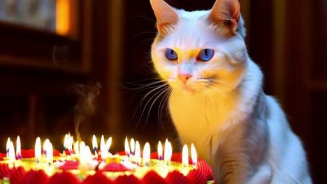gato celebrando su cumpleaños con pastel