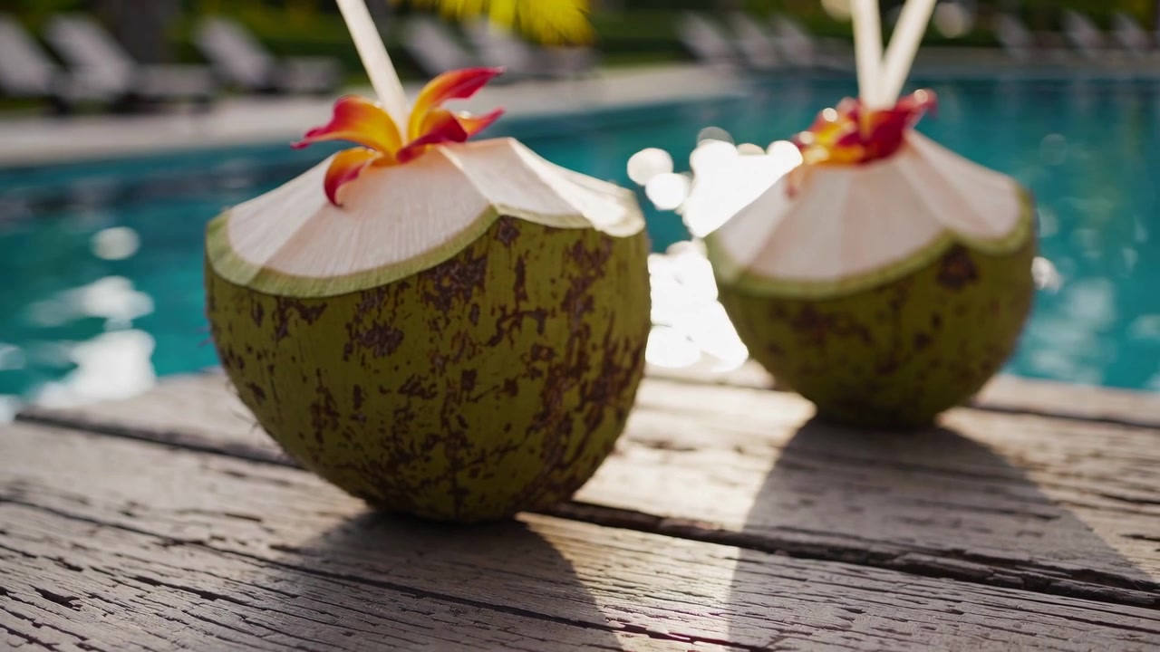Refreshing Coconut Drinks with Flowers by a Resort Swimming Pool