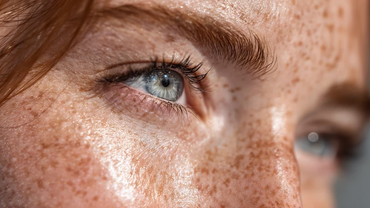 An Intimate Close-up Exploration of a Woman's Eye, Capturing the Intricate Details of Freckles and Natural Beauty in a Soft Natural Light