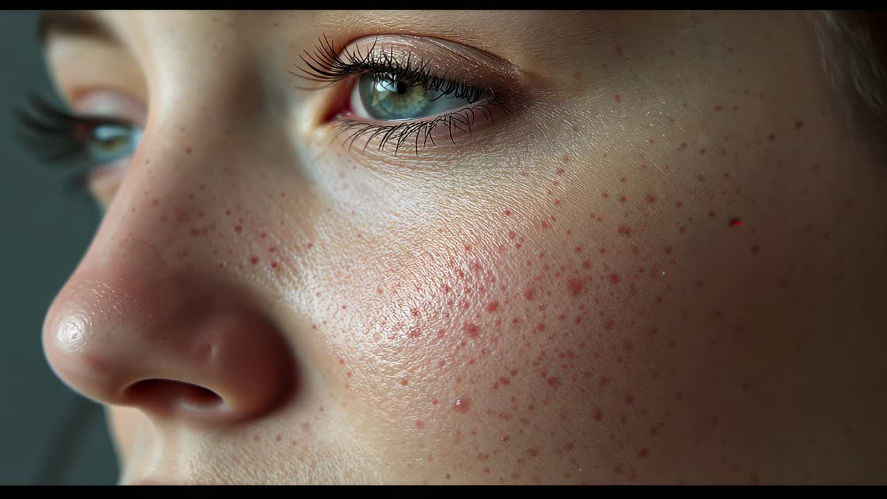 Starting camera focusing on woman left eye, cheek, nose at studio, showing pores and light sheen