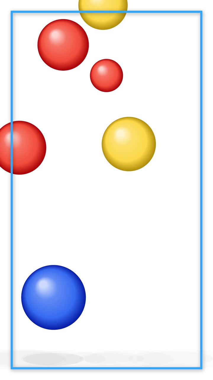 Red, blue, and yellow spheres bounce dynamically against a clean white background in vertical orientation.