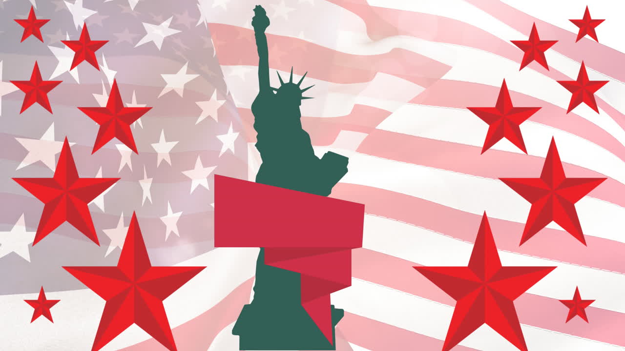 Composition of red stars and banner, with statue of liberty over american flag
