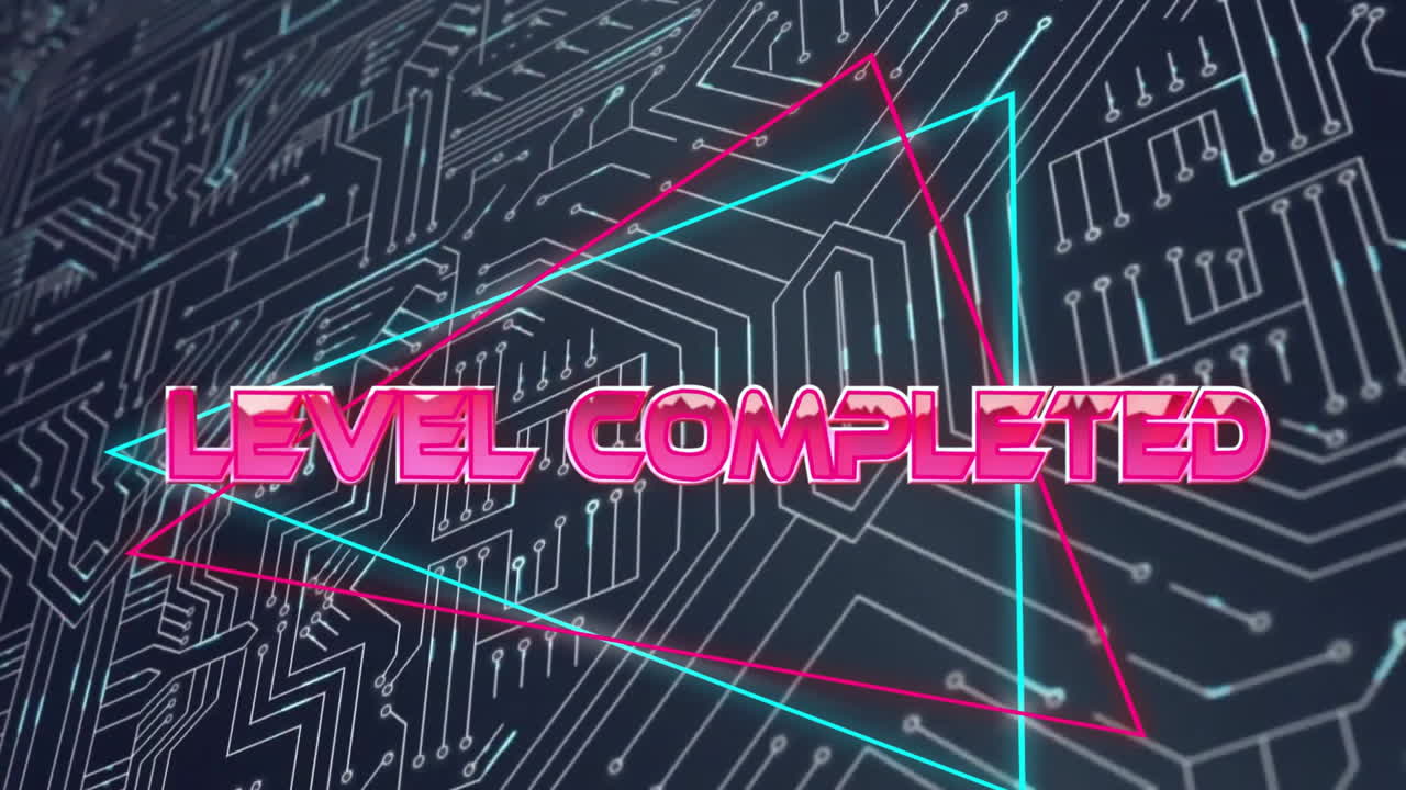 네온 패턴과 회로판 위에 레벨 완료 텍스트의 애니메이션