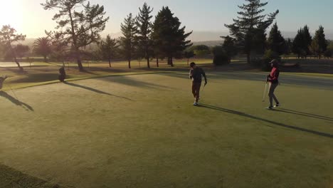 two diverse male golf players playing golf at golf course on sunny day