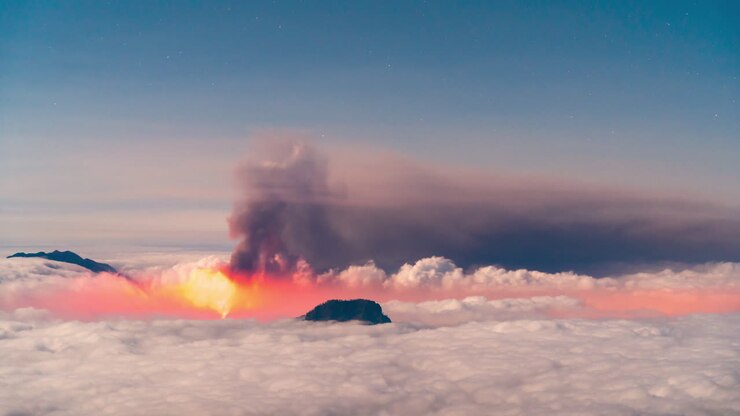 Time lapse notturno illuminato dalla luna di una nuvola di cenere vulcanica e un mare di nuvole sull'isola di La Palma durante l'eruzione del vulcano Cumbre Vieja nel settembre 2021
