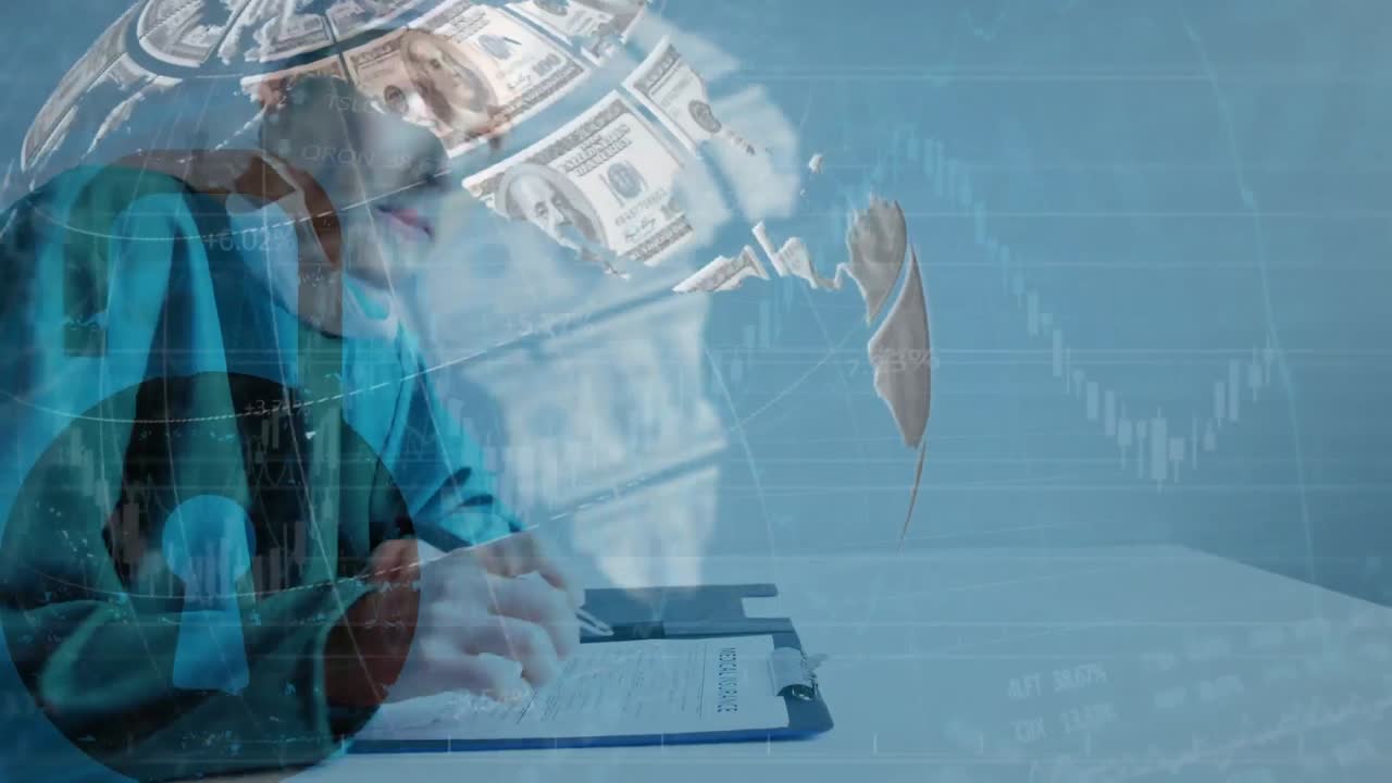 animazione del globo formato con banconote in dollari americani su una chirurga donna.