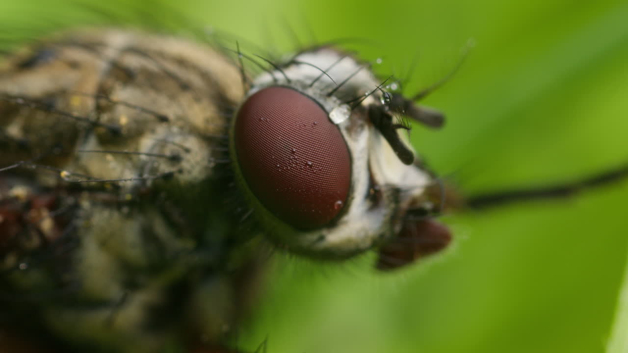 Macro insect fly closeup of compound eye. Muscidae animal in nature
