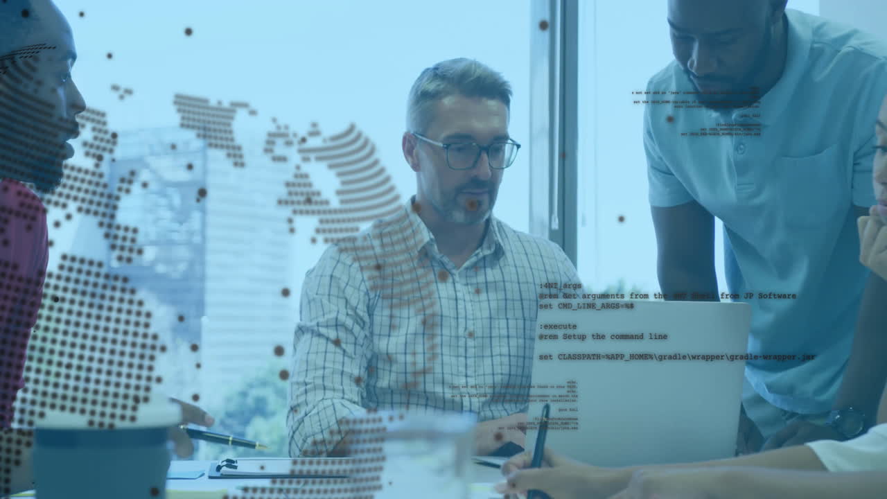 Collaborating in office, business team using laptop with animation of digital code