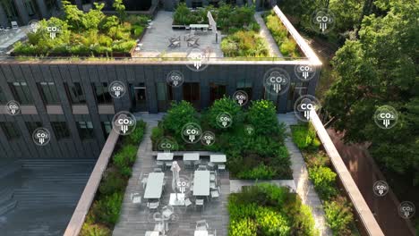 co2 icon over aerial view of rooftop garden in american city