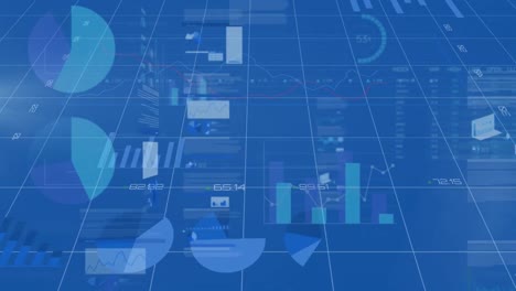animación de diversos datos y gráficos procesados en una pantalla digital azul