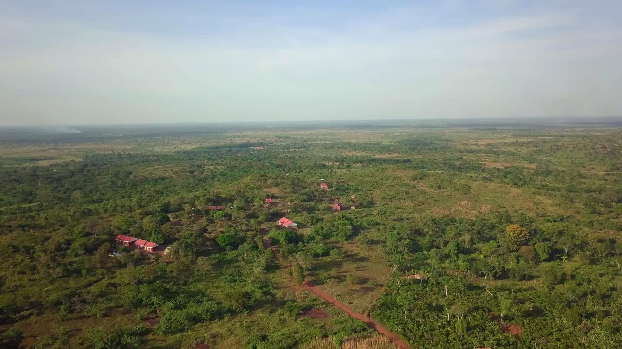 Panorama Of Rural Area In Uganda With Farm And Green Trees. - aerial shot