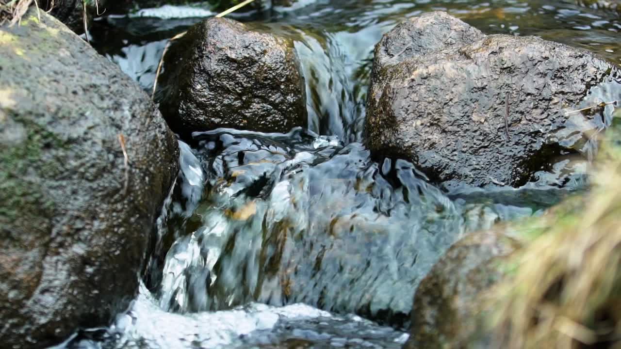 High frame rate shot of water in a stream flowing over some rocks
