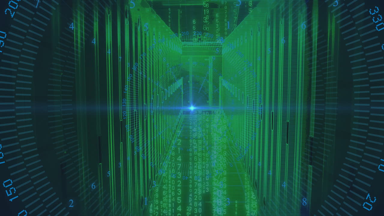 Glowing light illuminating digital data stream in futuristic green corridor animation