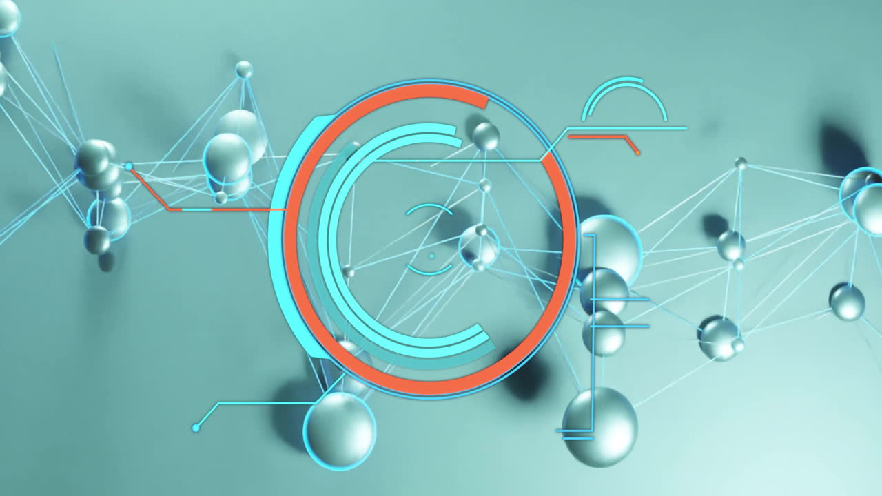 원형 애니메이션 오버레이와 함께 상호 연결된 구와 선의 네트워크