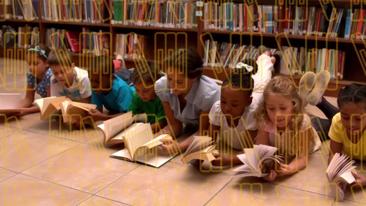 Animation of books moving over teacher and happy school children reading books
