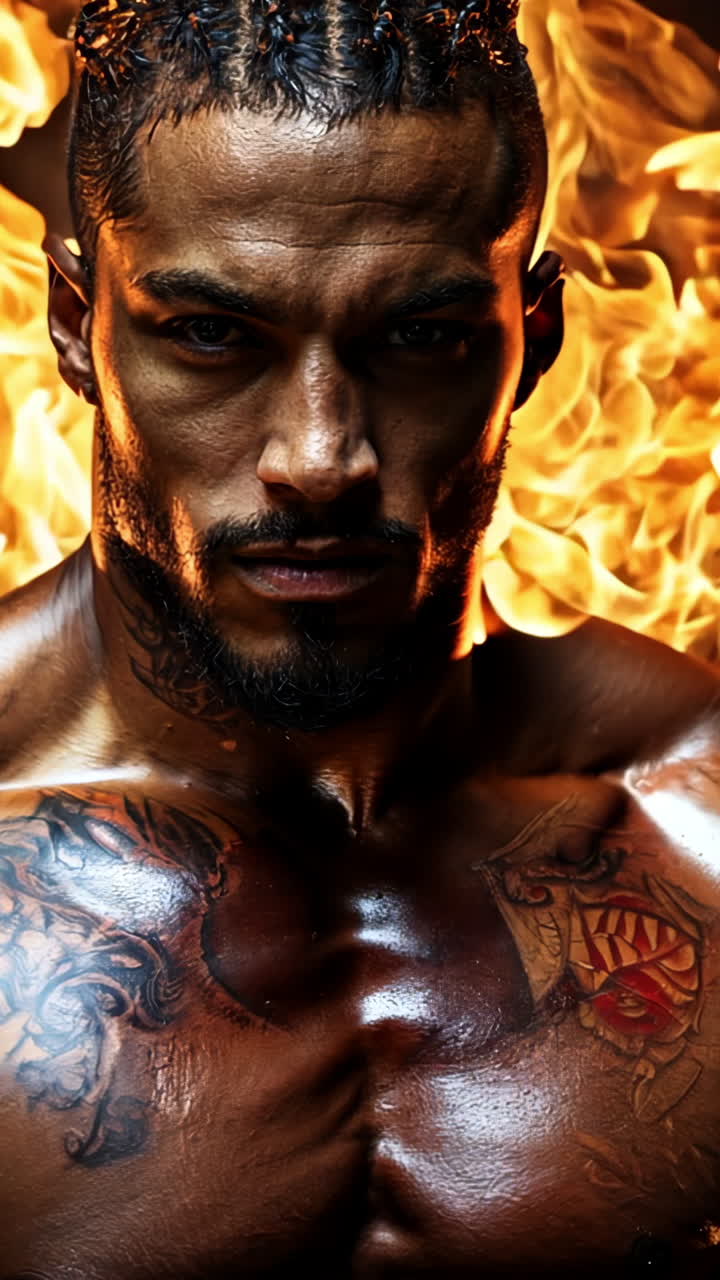 A man with tattoos on his arms and chest stands in front of a fire. The fire is orange and yellow, and it seems to be engulfing the man. The man's expression is intense and focused