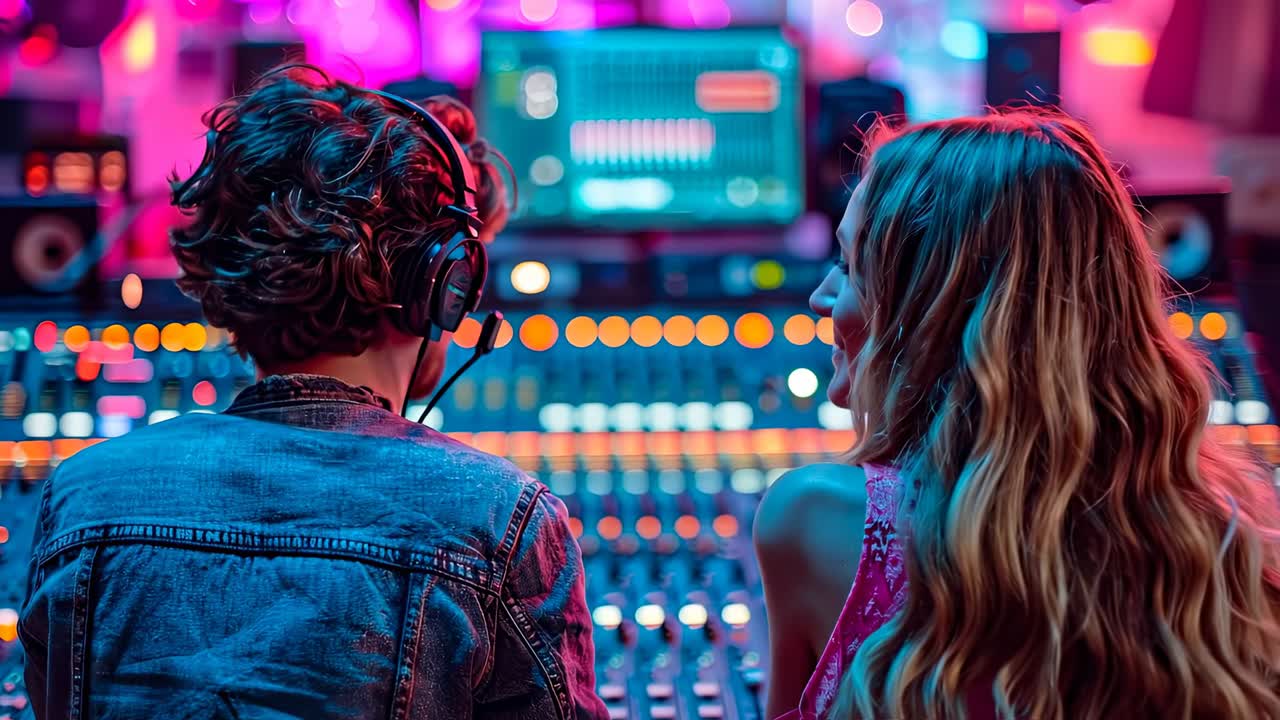 Lavoratori in studio di notte. Due individui si concentrano sulla produzione musicale in uno studio pieno di luci colorate e attrezzature durante la notte