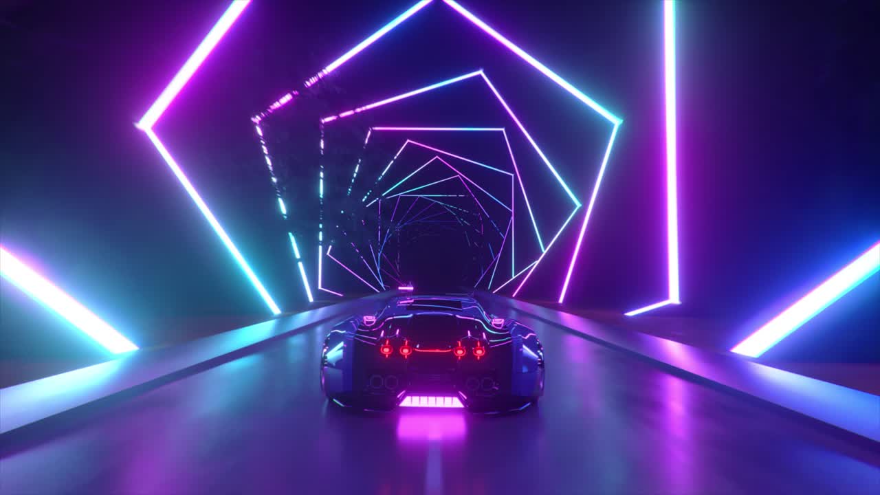 túnel de neón con coche futurista