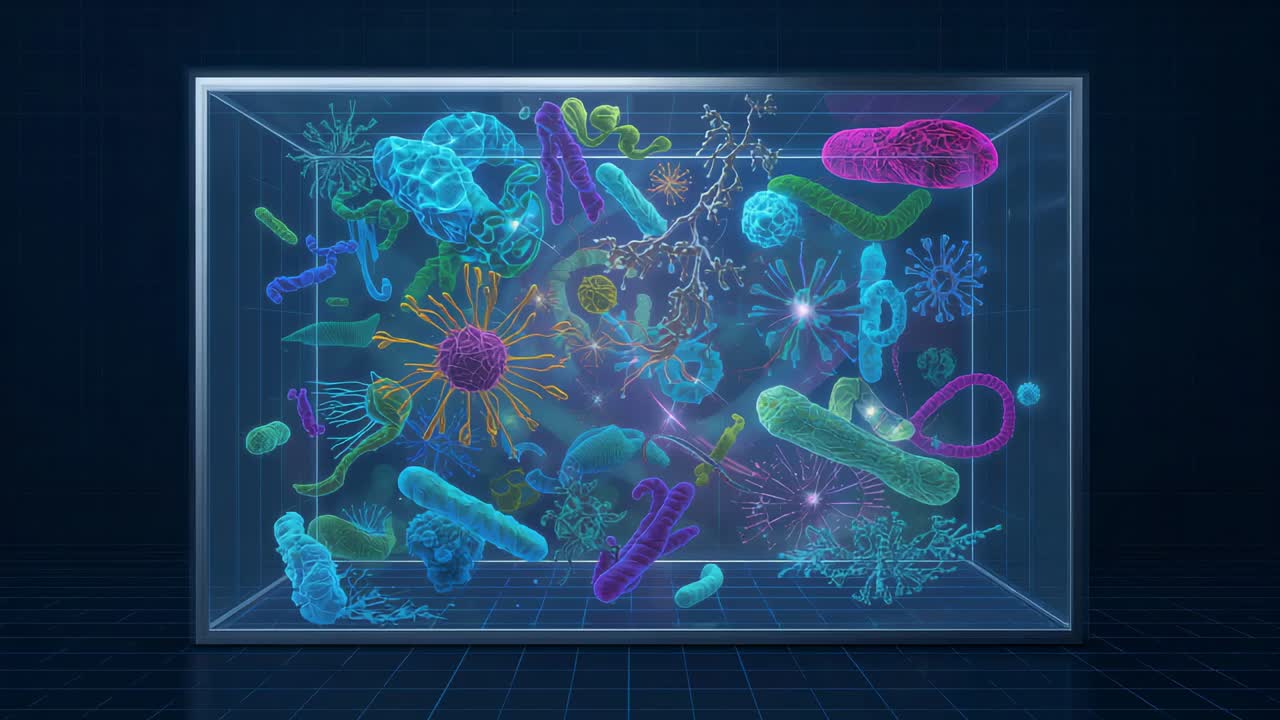 Panning camera revealing glass box in lab, shifting left, showing neon microbes and depth