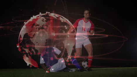 animation of globe rotating over diverse male soccer players