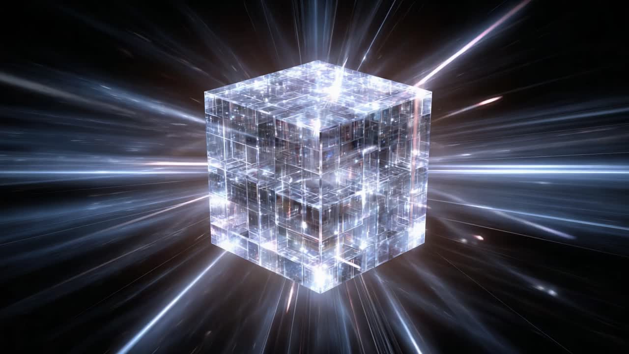 A Captivating Glimpse into a Cosmic Cube: Exploring the Interstellar Beauty of a Shimmering Light-Infused Crystal Cube Surrounded by a Burst of Radiance