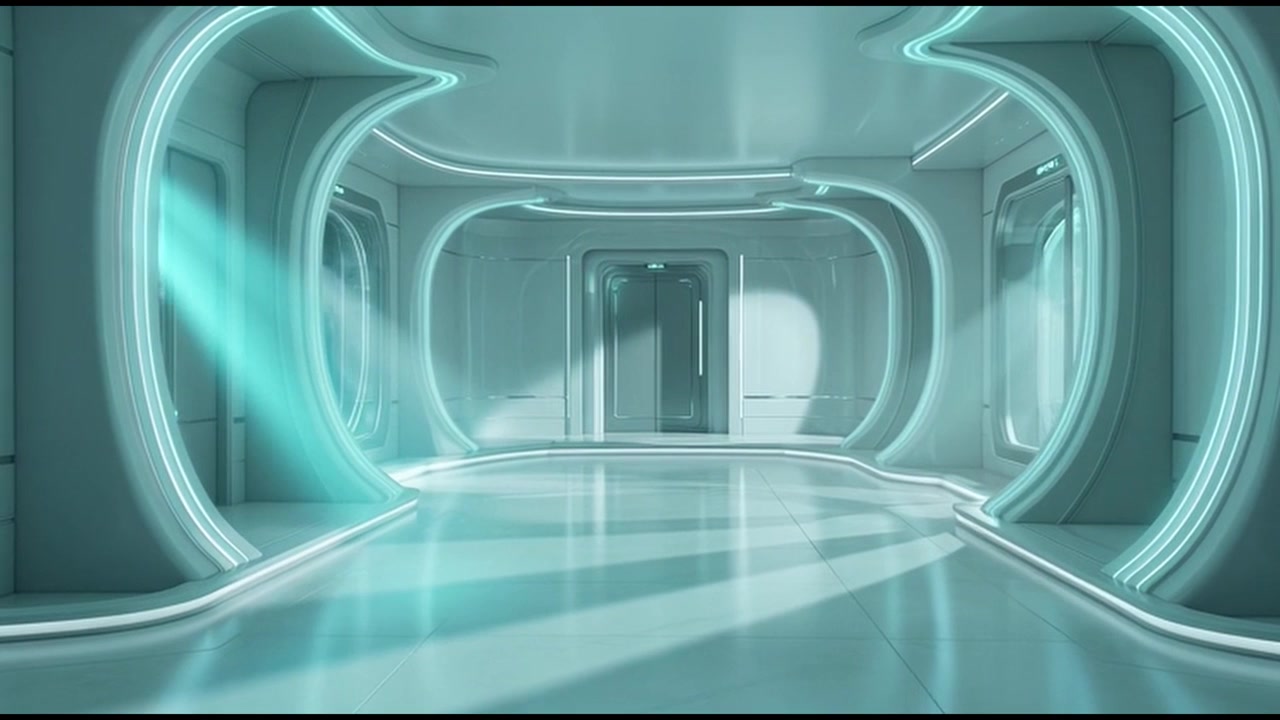 Futuristic Spaceship Corridor with Glowing Cyan Lights